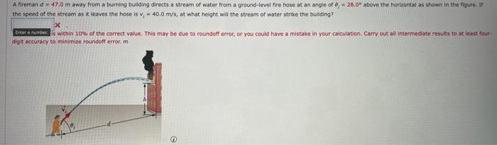 Solved A fireman d = 47.0 m away from a burning building | Chegg.com