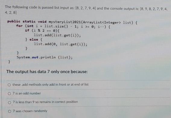 Solved The following code is passed list input as: (8,2.7.9. | Chegg.com