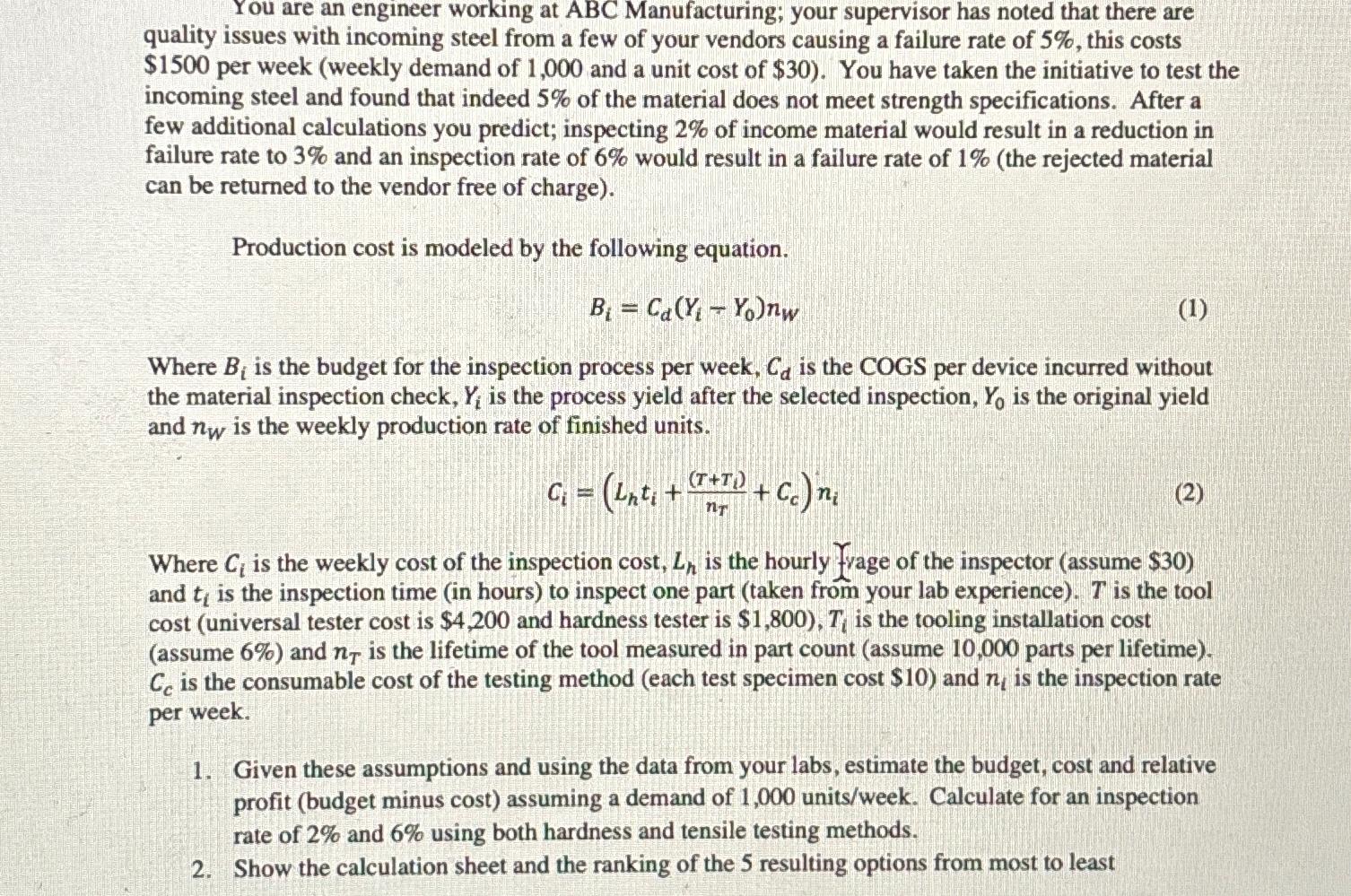 Solved You are an engineer working at ABC Manufacturing; | Chegg.com