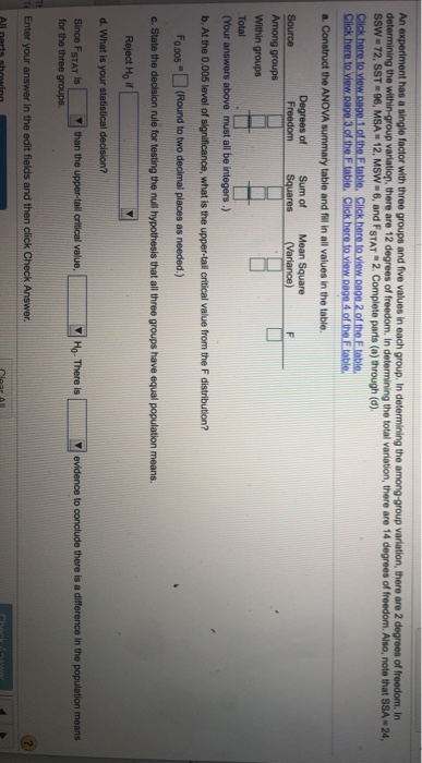 Solved An experiment has a single factor with three groups | Chegg.com