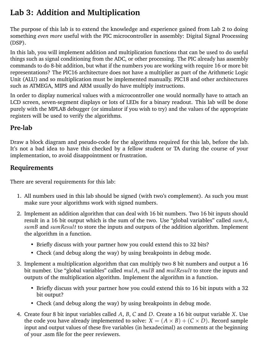Lab 3: Addition and Multiplication The purpose of | Chegg.com