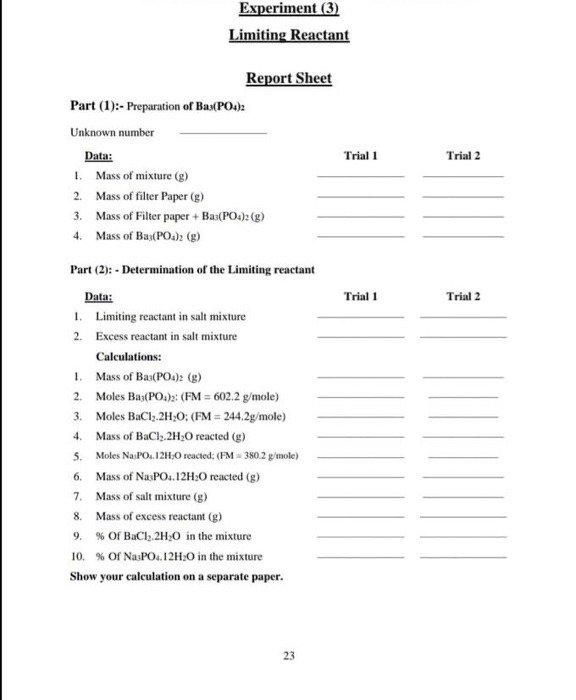 Experiment (3) Limiting Reactant Report Sheet Part | Chegg.com