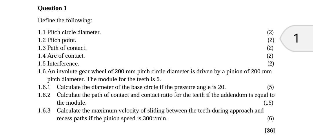 Solved Question 1 Define The Following 1 1 Pitch Circle Chegg
