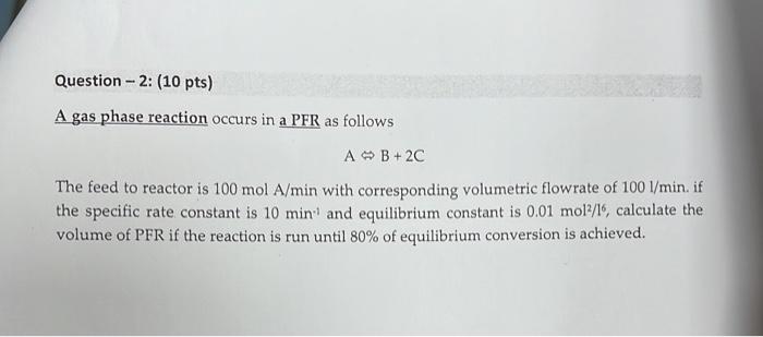 A gas phase reaction occurs in a PFR as follows | Chegg.com