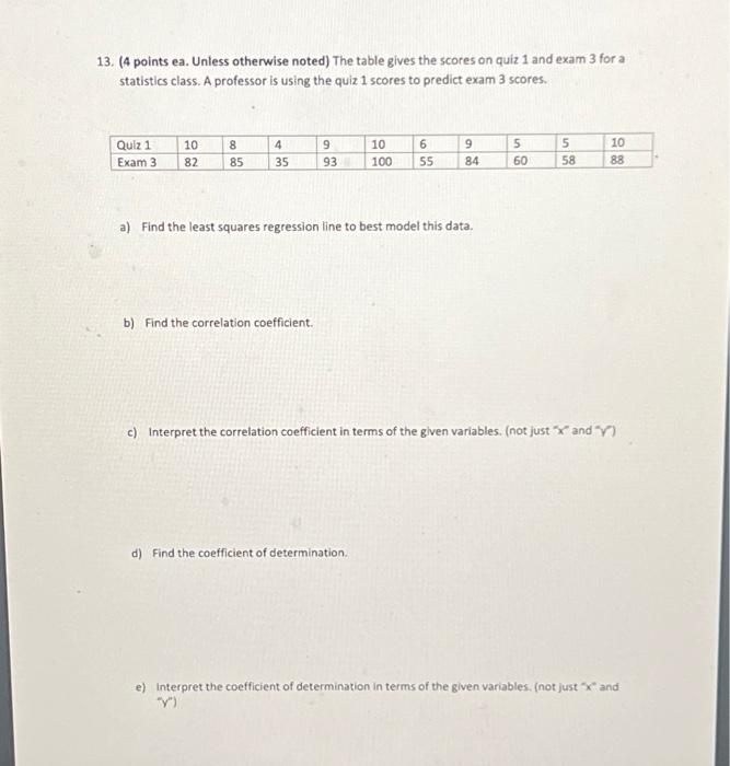 Solved 13. (4 points ea. Unless otherwise noted) The table | Chegg.com
