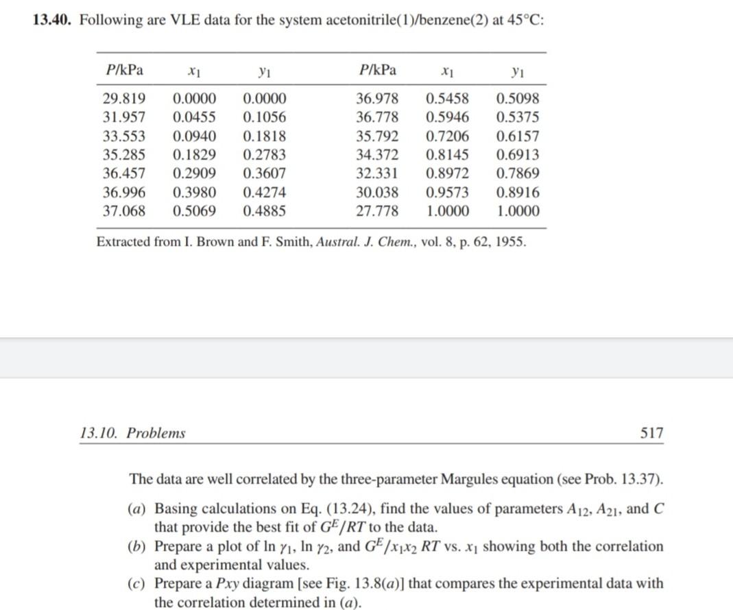 Solved 13.40. Following are VLE data for the system | Chegg.com