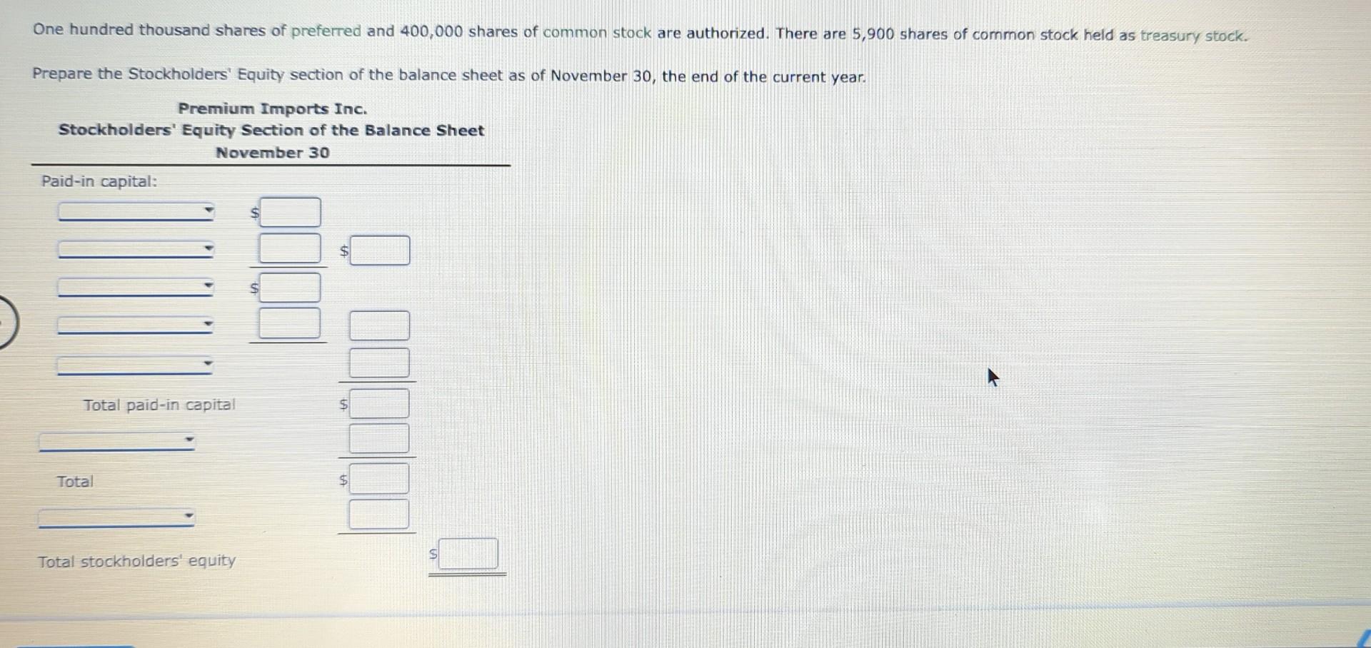 Solved Stockholders' Equity Section of Balance Sheet Premium