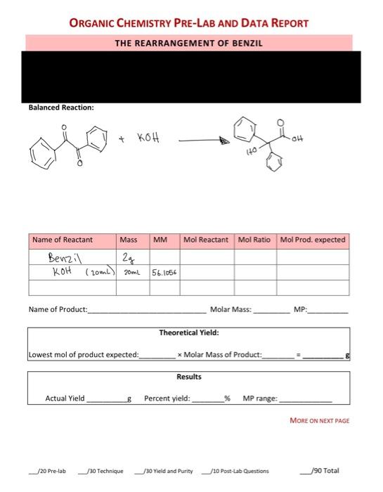 ORGANIC CHEMISTRY PRE-LAB AND DATA REPORT THE | Chegg.com