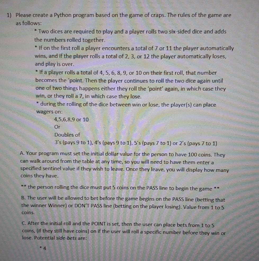 Solved 1) Please create a Python program based on the game | Chegg.com