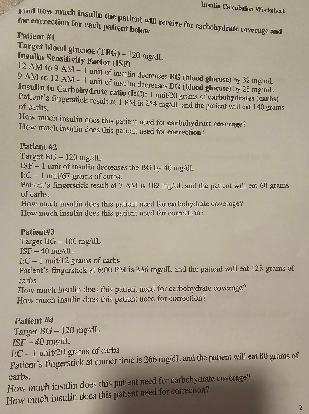 Solved Insulin Calculation Worksheet Find how much insulin
