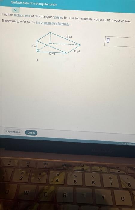 Find the surface area of this triangular prism. Be sure to include the correct unit in your answer. If necessary, refer to th