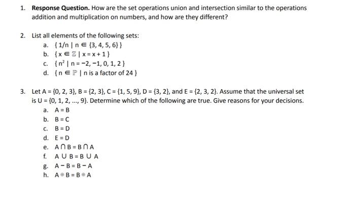 Solved 1. Response Question. How are the set operations | Chegg.com