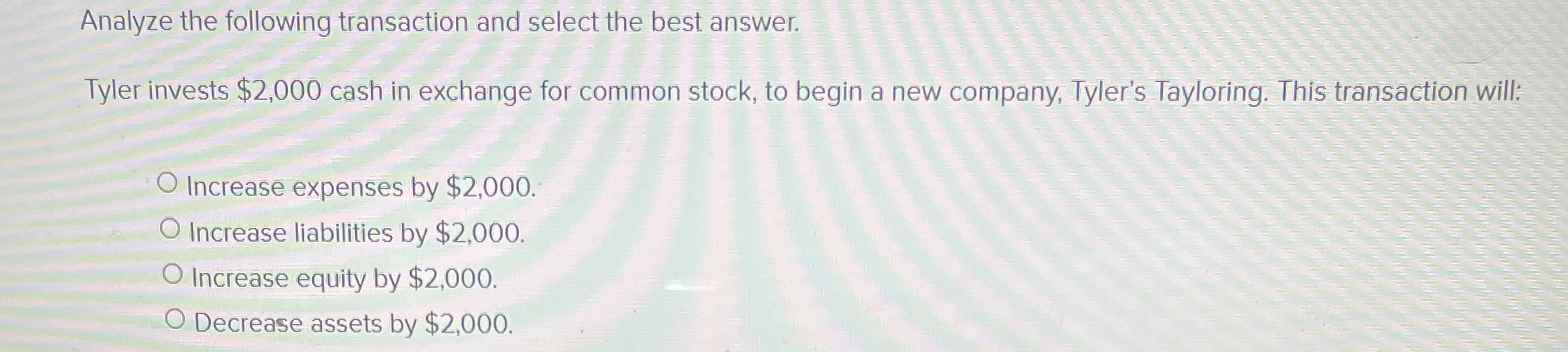 Solved Analyze the following transaction and select the best | Chegg.com
