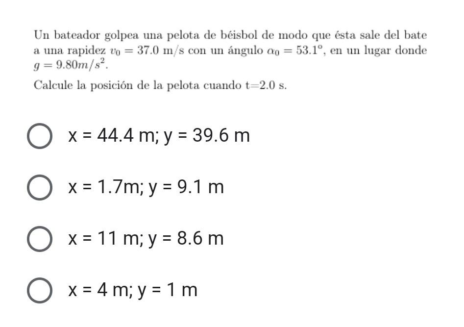 Un bateador golpea una pelota de béisbol de modo que ésta sale del bate a una rapidez \( v_{0}=37.0 \mathrm{~m} / \mathrm{s}