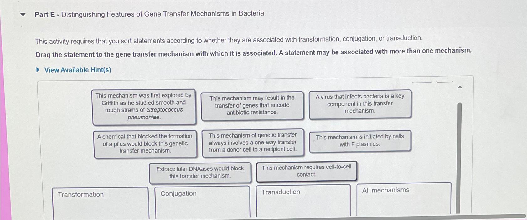 Solved Part E - ﻿Distinguishing Features of Gene Transfer | Chegg.com