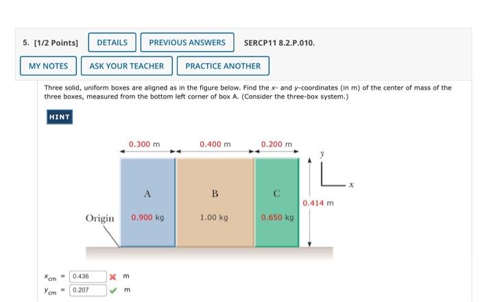 Three solid, uniform boxes are aligned as in the figure below. Find the \( x \)-and \( y \)-coordinates (in \( \mathrm{m} \) 