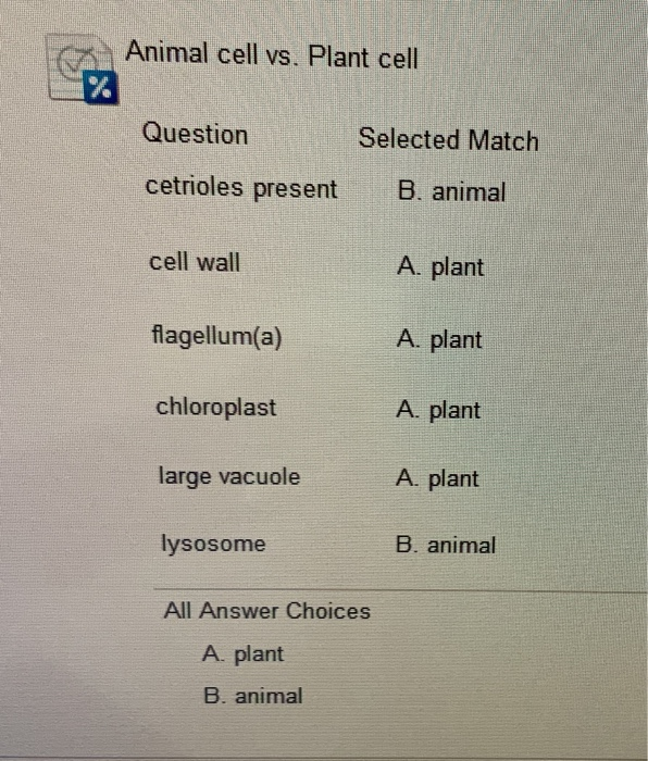 Solved Animal cell vs. Plant cell Question Selected Match 