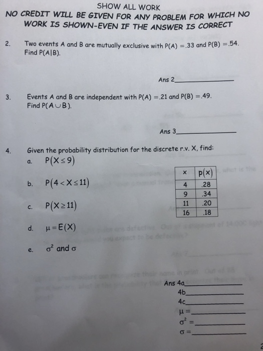 Solved SHOW ALL WORK NO CREDIT WILL BE GIVEN FOR ANY PROBLEM | Chegg.com