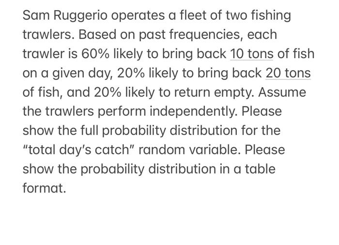 Solved Sam Ruggerio operates a fleet of two fishing | Chegg.com