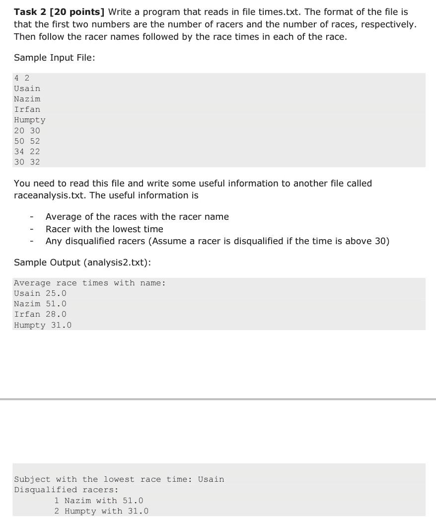 Solved Task 2 [20 points] Write a program that reads in file | Chegg.com