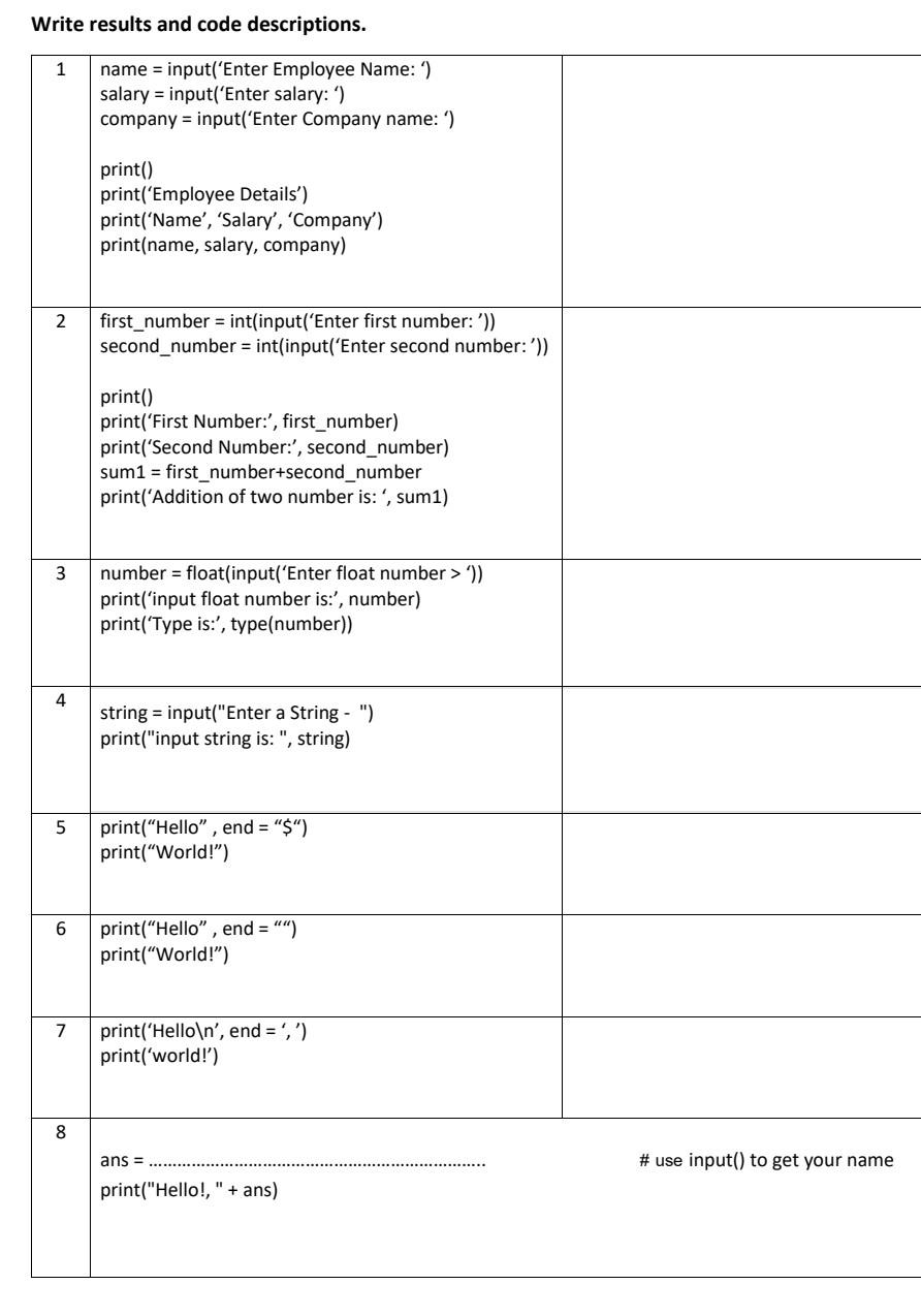 Solved Write results and code descriptions. | Chegg.com