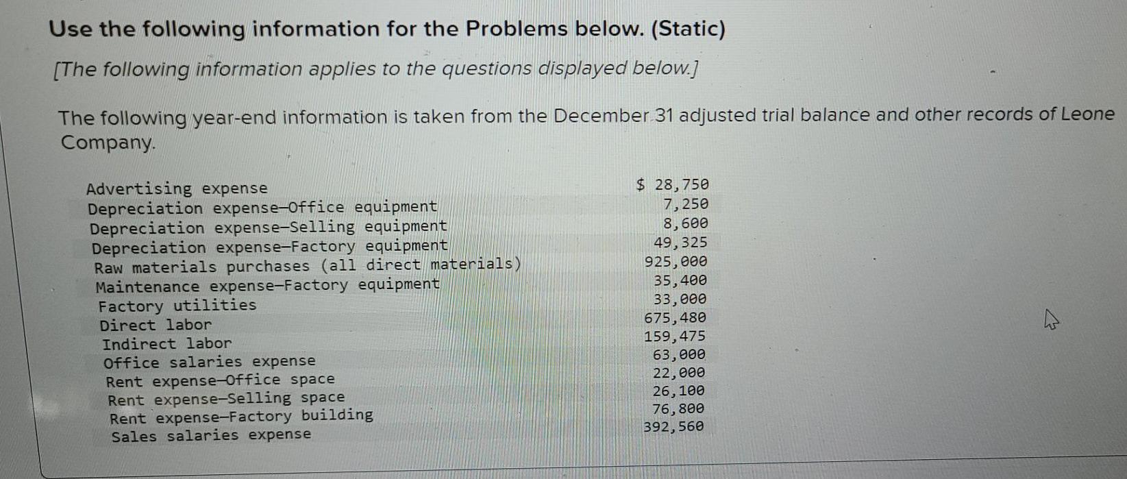 Solved Use the following information for the Problems below. | Chegg.com