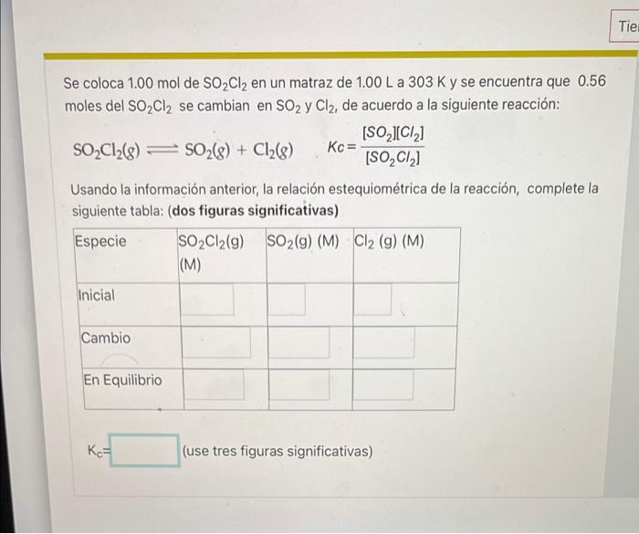 Tier Se coloca 1.00 mol de SO₂Cl₂ en un matraz de 1.00 L a 303 K y se encuentra que 0.56 moles del SO₂Cl₂ se cambian en SO2 y