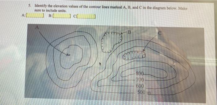 5. Identify the elevation values of the contour lines marked A, B, and C in the diagram below. Make sure to include units. B: