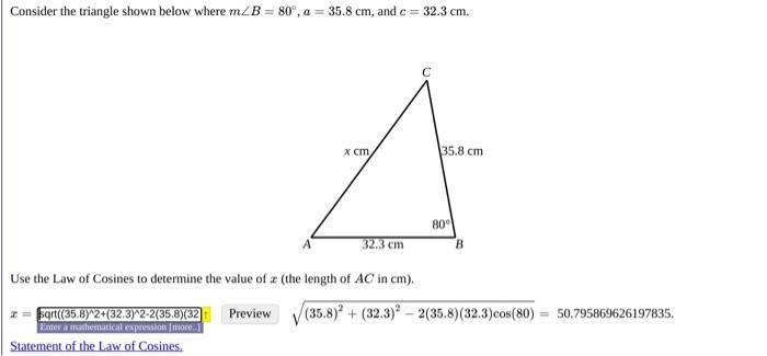 Solved Consider the triangle shown below where m2B = 80°, a | Chegg.com