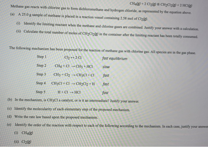 Solved CH4(g) + 2Cl2(g) CH2Cl2(g) + 2 HCl() Methane gas | Chegg.com