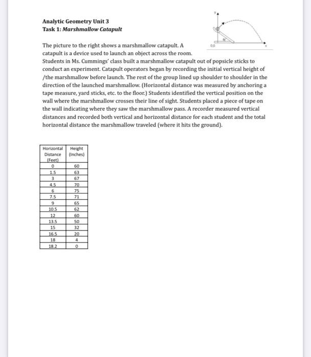 Solved Analytic Geometry Unit 3 Task 1: Marshmallow Catapult | Chegg.com