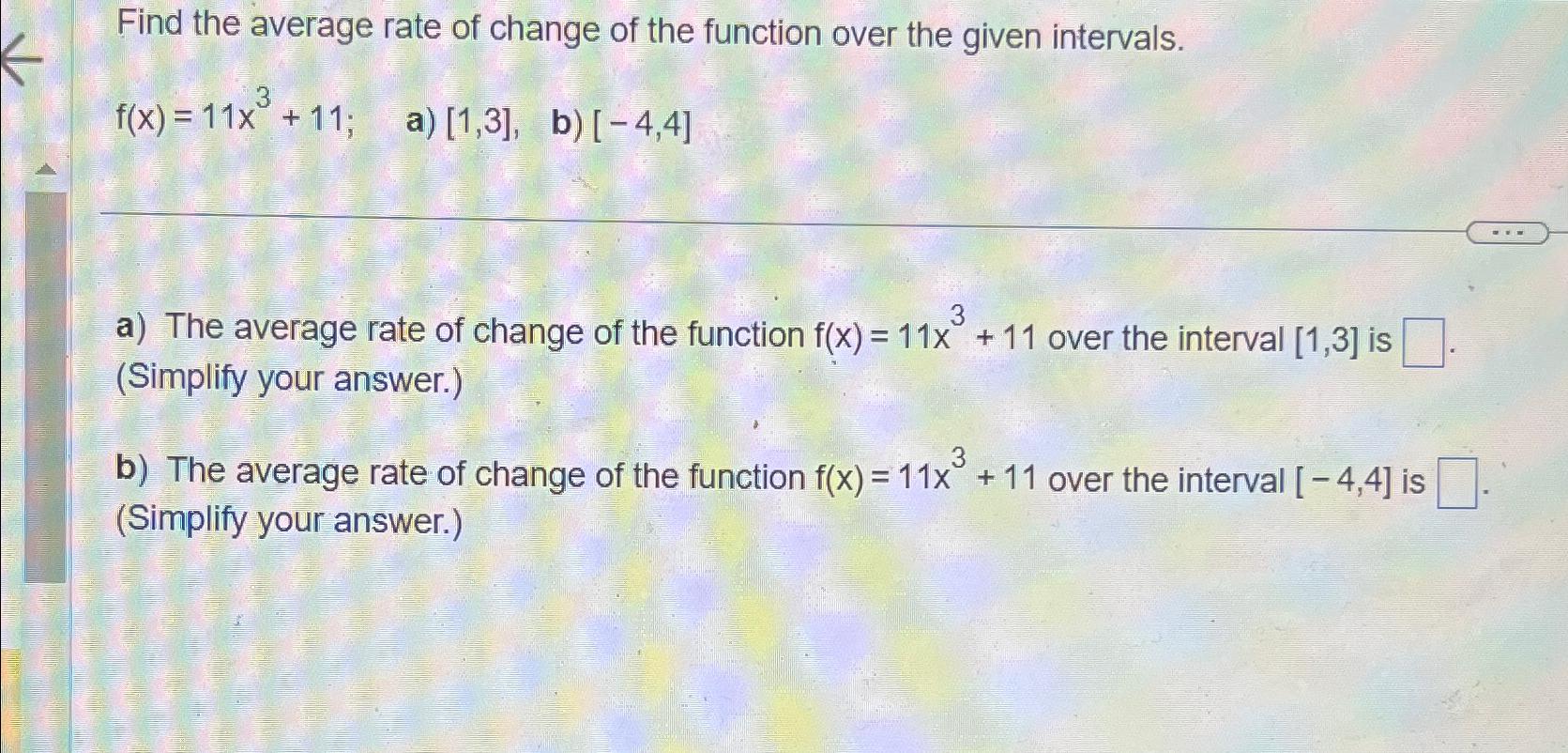 Solved Find the average rate of change of the function over | Chegg.com