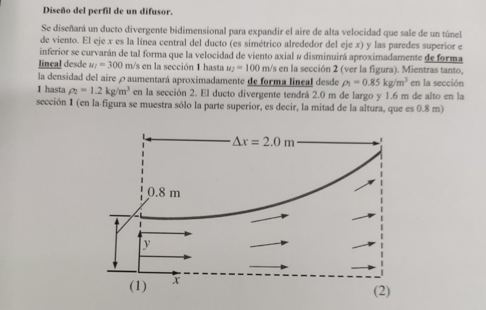 Diseño del perfil de un difusor. Se diseñará un ducto divergente bidimensional para expandir el aire de alta velocidad que sa