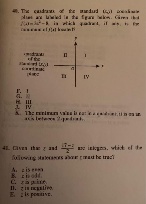 40 The Quadrants Of The Standard X Y Coordinate Chegg Com