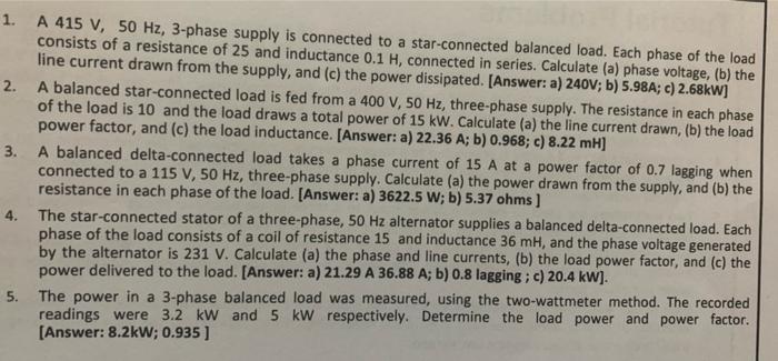 Solved 1. A 415 V, 50 Hz, 3-phase supply is connected to a | Chegg.com