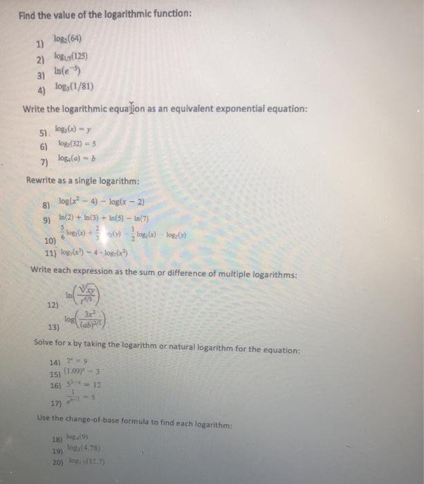 Solved Find The Value Of The Logarithmic Function 1 Log Chegg Com