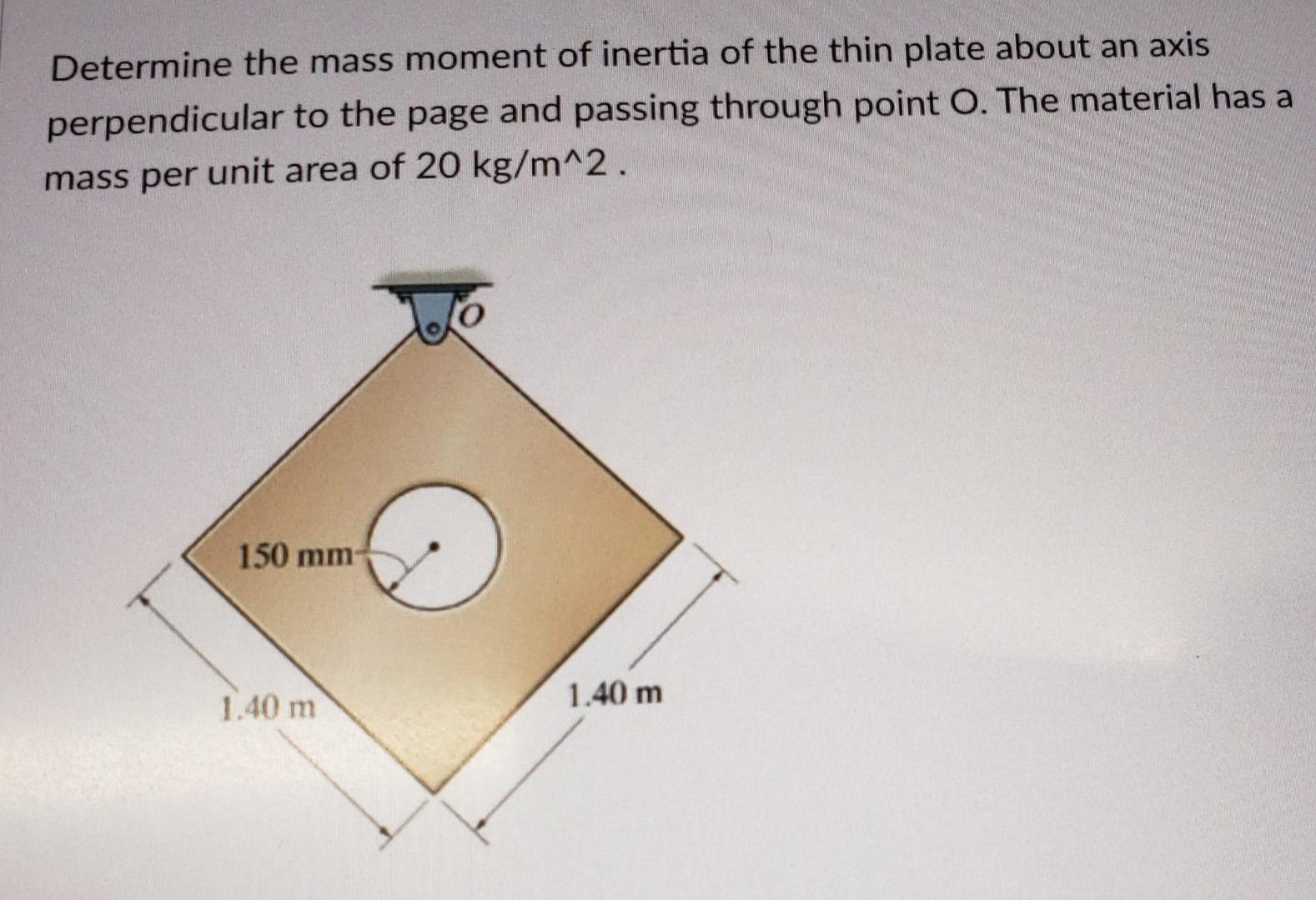 Determine the mass moment of inertia of the thin plate about an axis perpendicular to the page and passing through point \( O