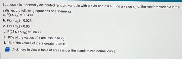 Solved Suppose x is a normally distributed random variable | Chegg.com