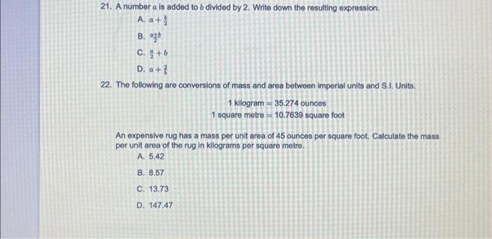 Solved 21. A number a is added to b divided by 2. Write down | Chegg.com