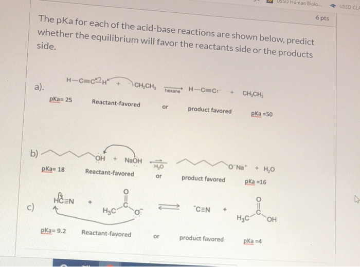 Solved USSD Human Biolo..... USSD CLE 6 pts The pka for each | Chegg.com