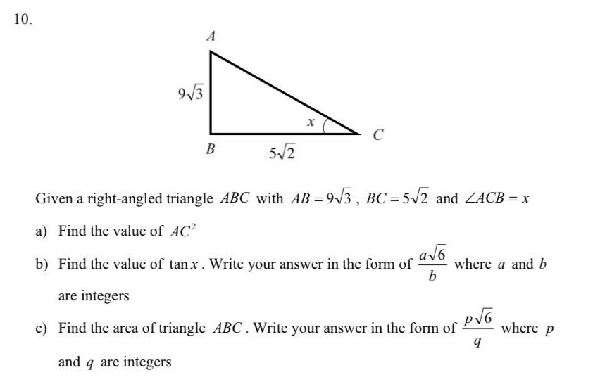 Solved Given a right-angled triangle ABC with AB=93,BC=52 | Chegg.com