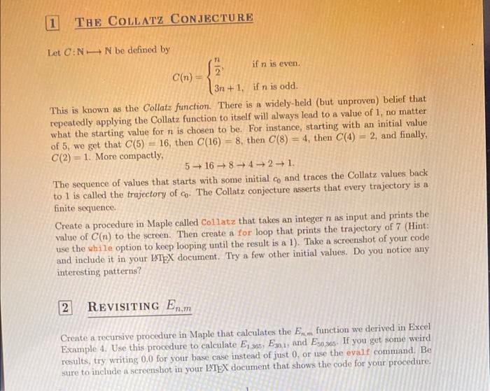 1 THE COLLATZ CONJECTURE 72 2 Let C:N N be defined by | Chegg.com