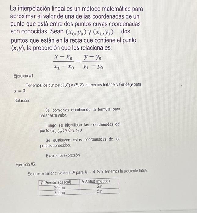 La interpolación lineal es un método matemático para aproximar el valor de una de las coordenadas de un punto que está entre