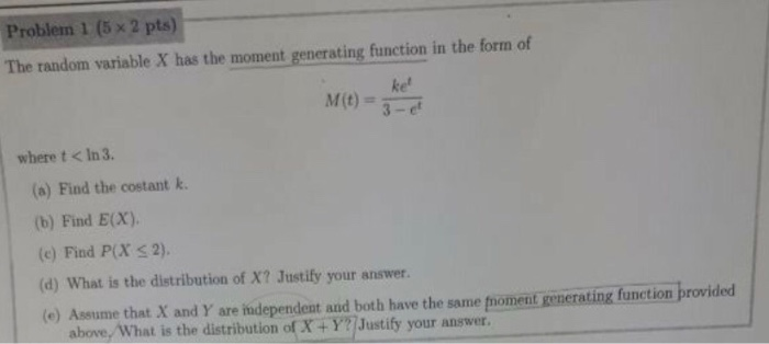 Solved Problem 1 (5 x 2 pts) The random variable X has the | Chegg.com