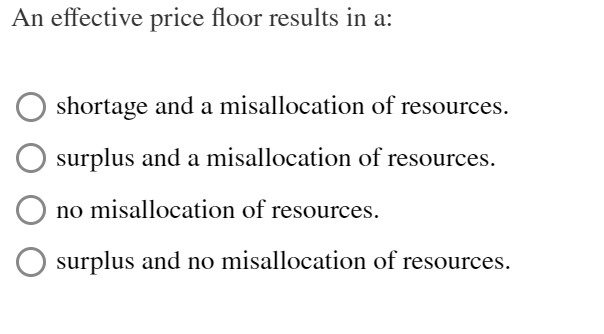 Solved An effective price floor results in a:shortage and a | Chegg.com