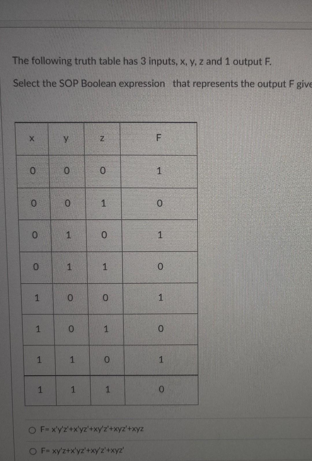 Solved The following truth table has 3 inputs, x,y,z and 1 | Chegg.com