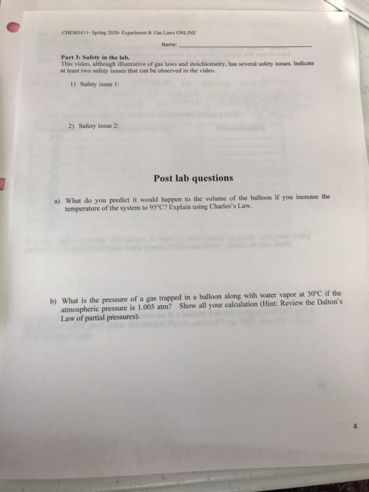 CHEM1411 Spring 2020Experiment & Gas Laws ONLINE