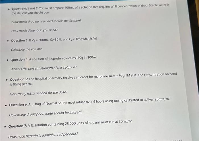 Solved - Questions 1 and 2: You must prepare 400 mL of a | Chegg.com