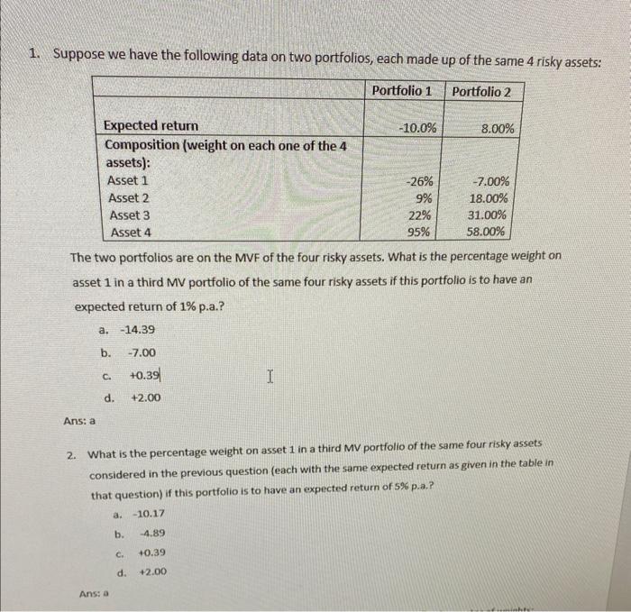 Solved Suppose we have the following data on two portfolios, | Chegg.com