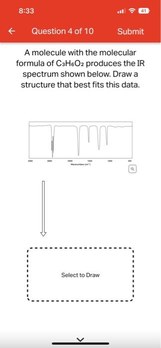 A molecule with the molecular formula of \( \mathrm{C}_{3} \mathrm{H}_{6} \mathrm{O}_{2} \) produces the IR spectrum shown be